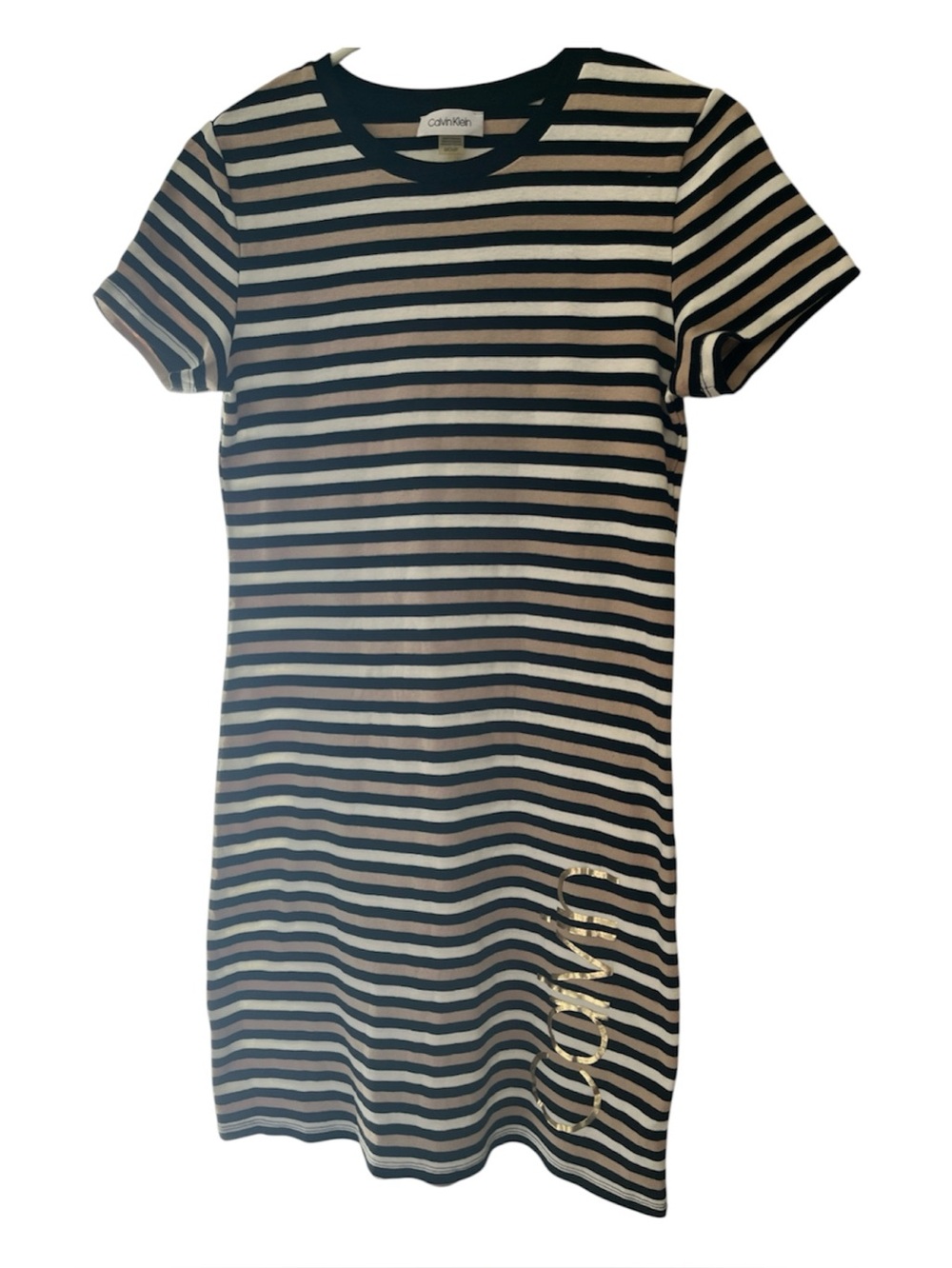Calvin Klein Black and White Striped Tee Dress with Gold Logo Accent